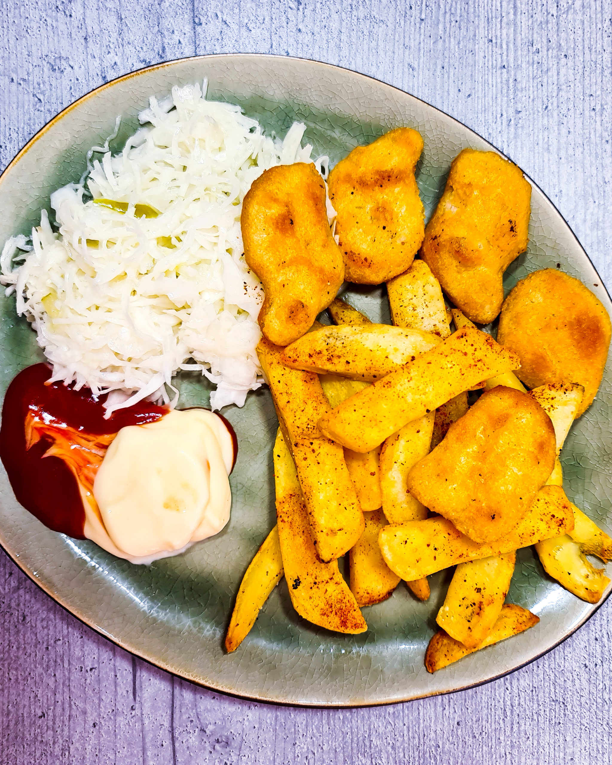 Vegane Nuggets, Pommes, Krautsalat